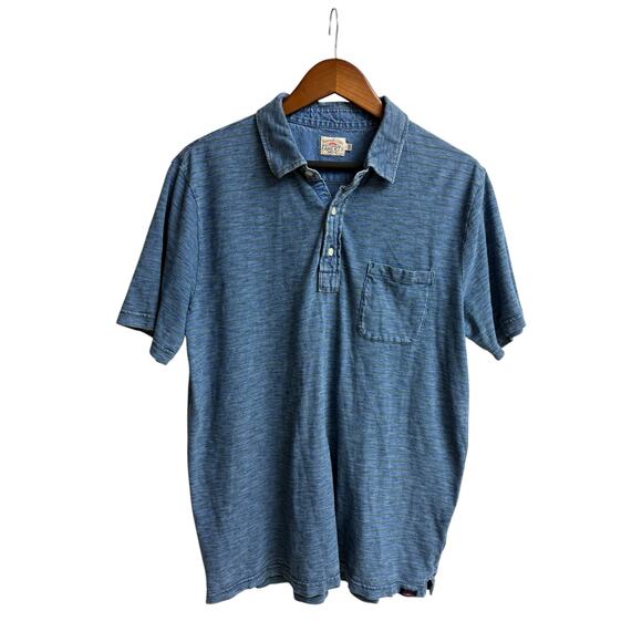 Faherty Sunwashed Indigo Dyed Green Sriped Pocket Polo - L - Picture 2 of 7